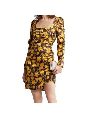 Floret Studios Floral Long Sleeve Ruched Square Neck Dress Yellow Brown XS NWOT